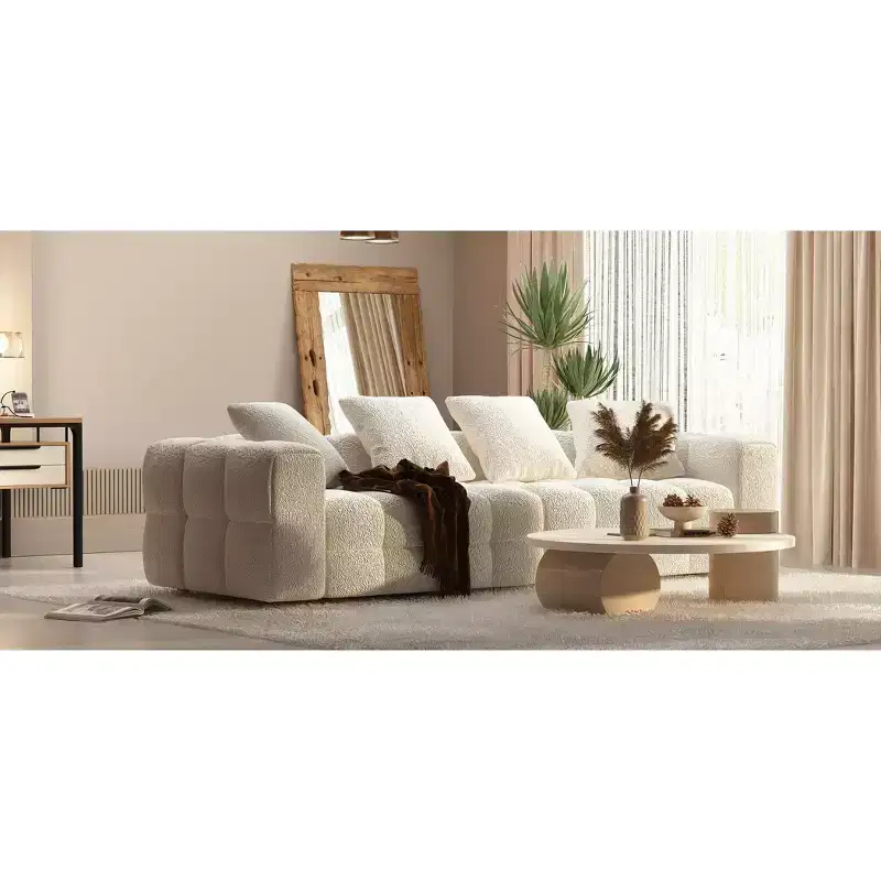 100.8W Modern 4-Seat White Teddy Velvet Sofa with Solid Wood Base