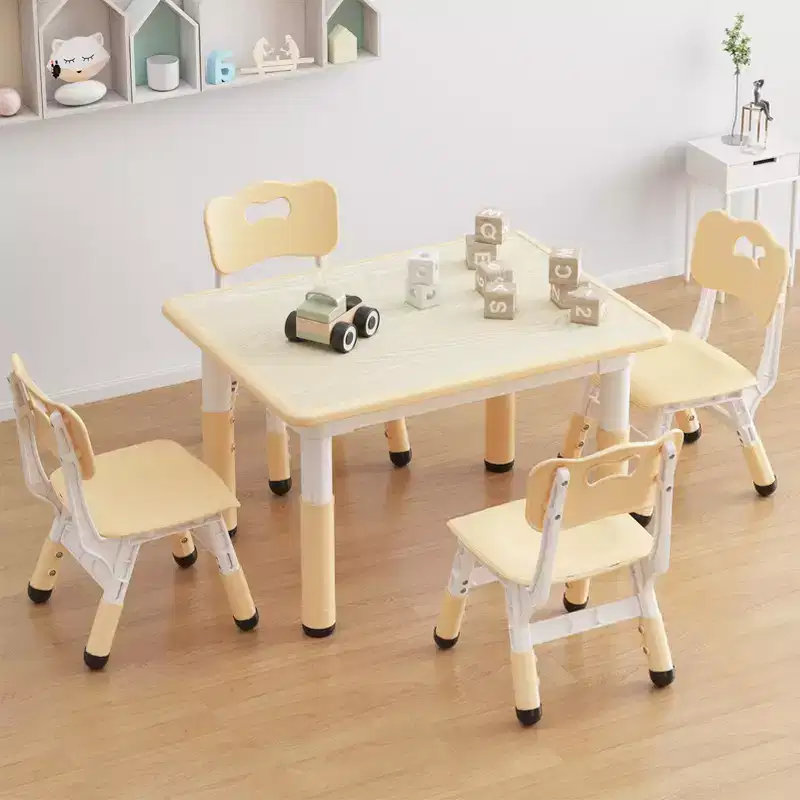 Kids Table and 4 Chairs Set, Kids Study Table and Chair Set with Graffiti Desktop & Non-Slip Legs, Height Adjustable Toddler Activity Table