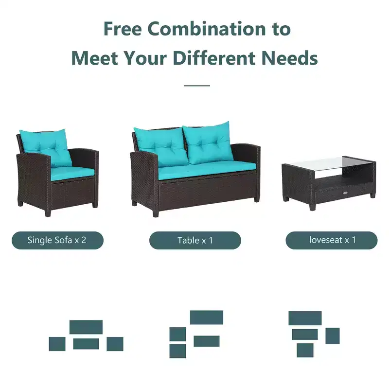 Costway 8 PCS Patio Rattan Furniture Set Glass Table Shelf Sofa Cushion Black/Red/Turquoise/Navy/Gray