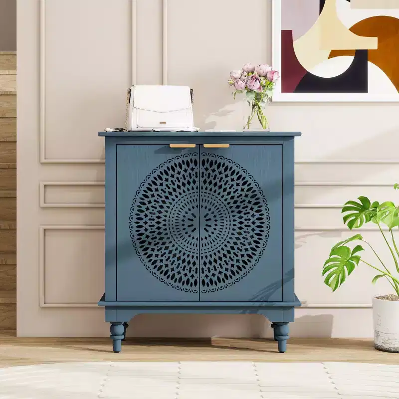 Hollow-Carved Storage Cabinet – 2 Doors, Adjustable Shelf, MDF, 34x31x14 in