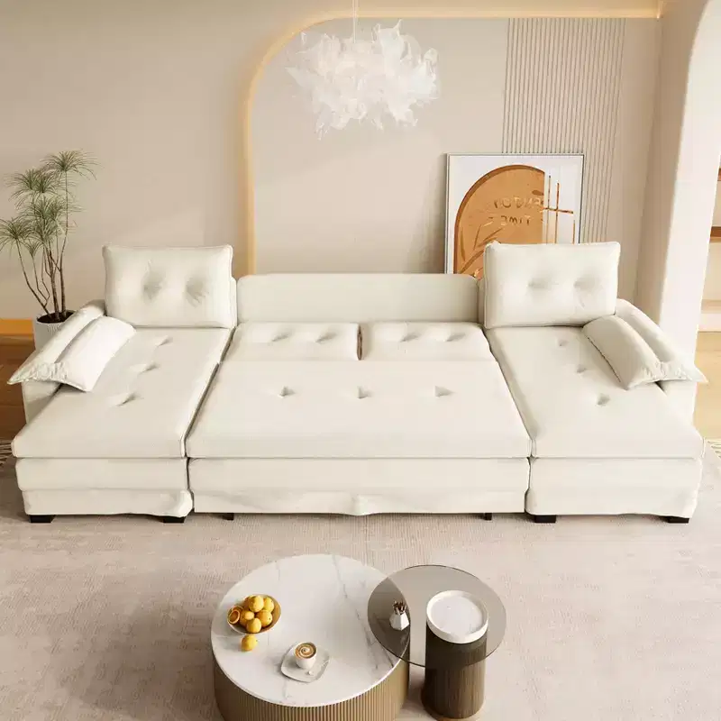 Modern Iron and Wooden Chenille Upholstered 110 U-Shaped Sleeper Sofa with Pull Out Bed and USB Ports