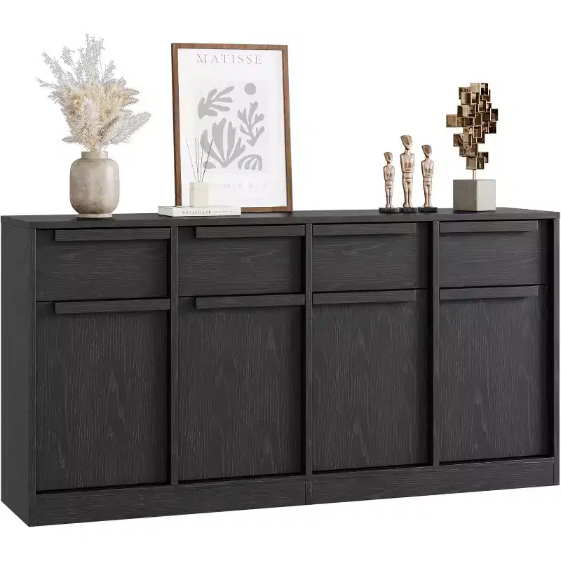 62.4 Sideboard Buffet Cabinet, Large Coffee Cabinet with 4 Doors & 4 Drawers, Modern Storage Cabinet with Adjustable Shelves,Wood Coffee Bar Station