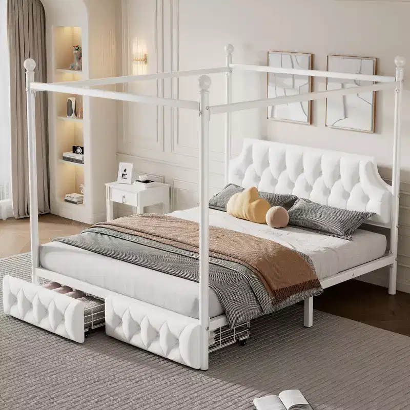 Bellemave Queen Size 4-Poster Metal Canopy Bed Frame with Velvet Headboard and 2 Storage Drawers, 4-Poster Upholstered Canopy Platform Bedframe, White
