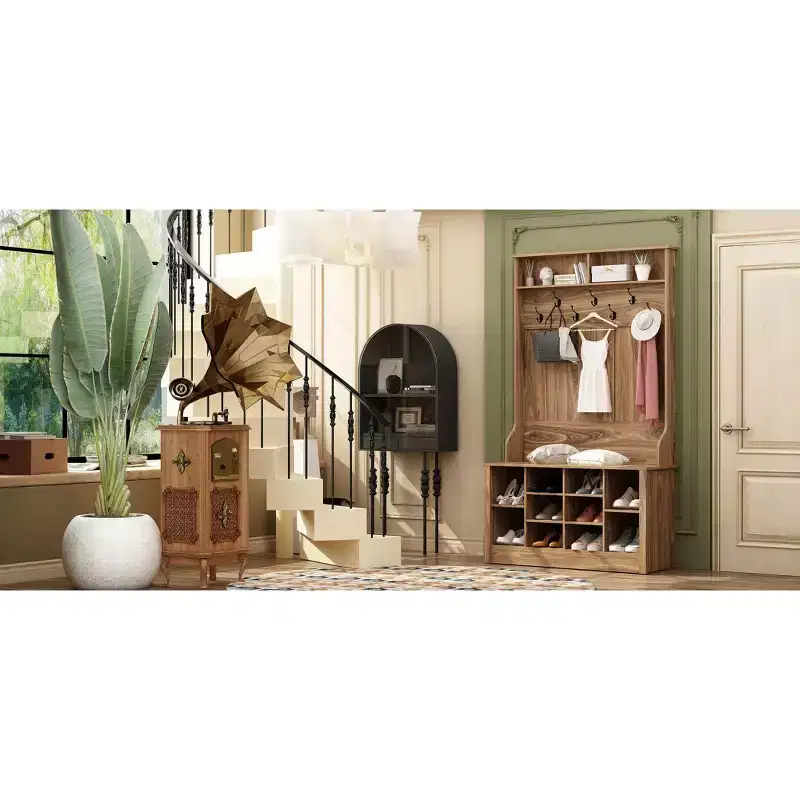 Famapy Wood 3-in-1 Hall Tree Bench with Double Hooks and Shelves