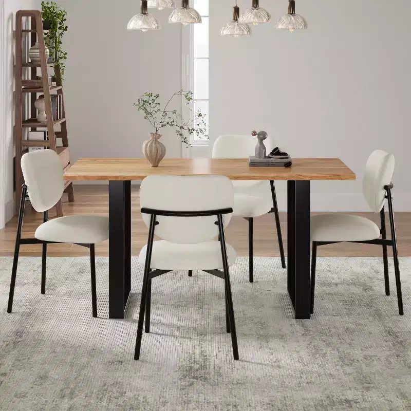 Set of 2 Upholstered Dining Chairs Armless Chairs Accent Chairs with Metal Legs, Beige+Black-ModernLuxe