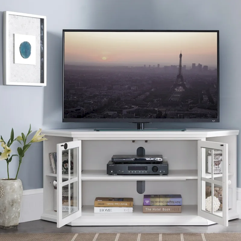 Cottage White Corner TV Stand with Bookshelf Storage