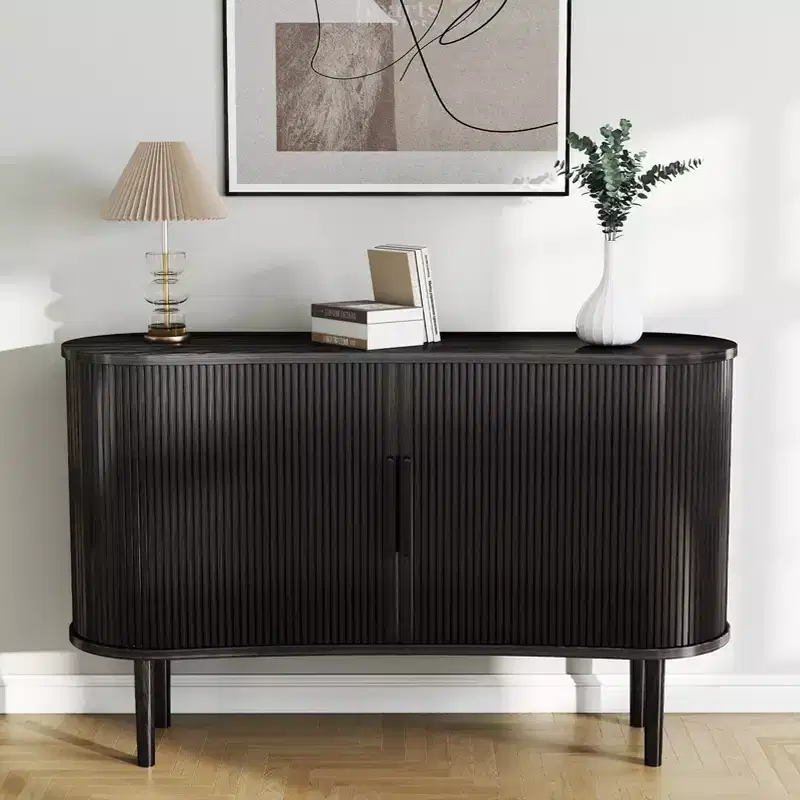 Storage Sideboard 1.4M Long Curved MDF Modern Buffet Cabinet with Doors for Kitchen Living Room Bedroom Black