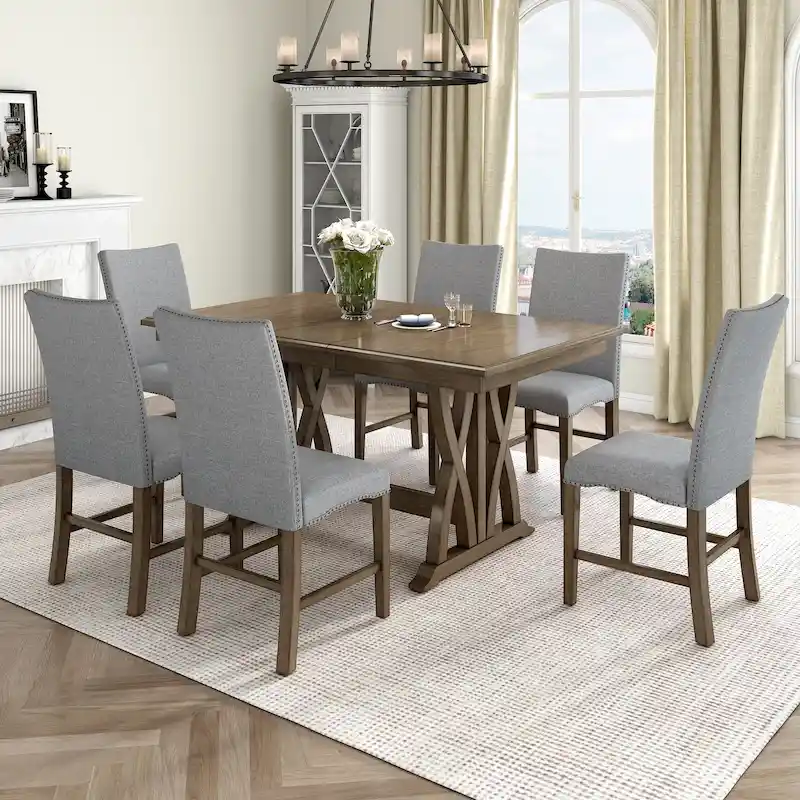 7-Piece Wooden Dining Table Set with Extendable Table & 6 Chairs