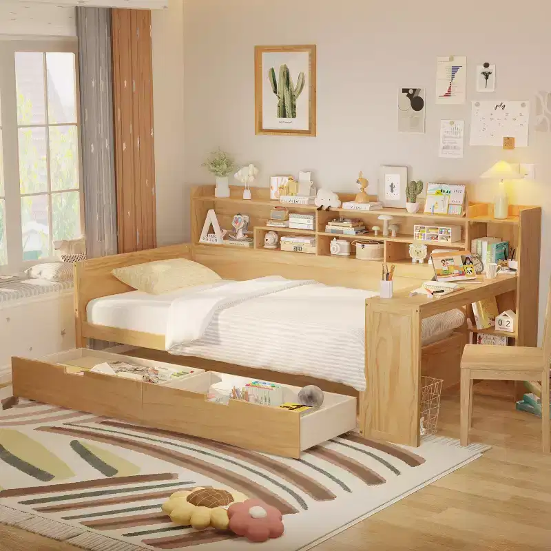 Wooden Daybed with Storage Shelves, 2 Drawers and Built-In Study Desk, Twin Size, Natural or Antique White