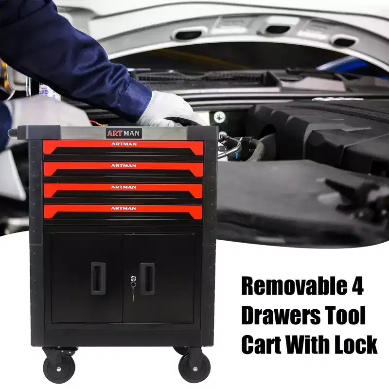 4 Drawer Rolling Tool Cart with Wheels, Heavy Duty Lockable Tool Organizer Cabinet for Garage Workshop