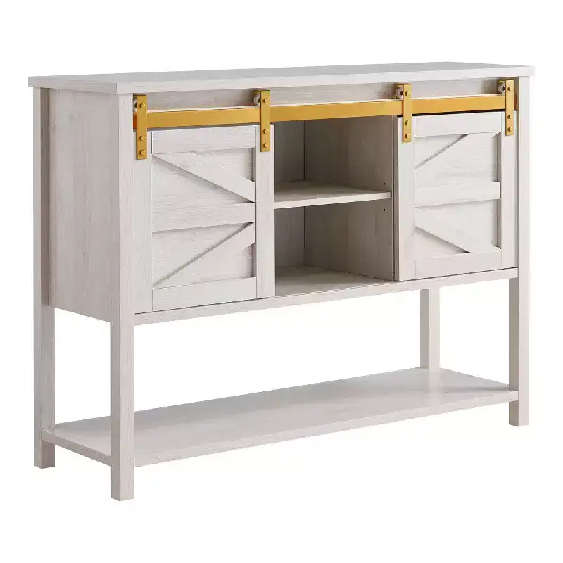 47" Quailridge Farmhouse 4 Shelf Buffet with Barn Doors White Oak - miBasics: Engineered Wood, Adjustable Storage