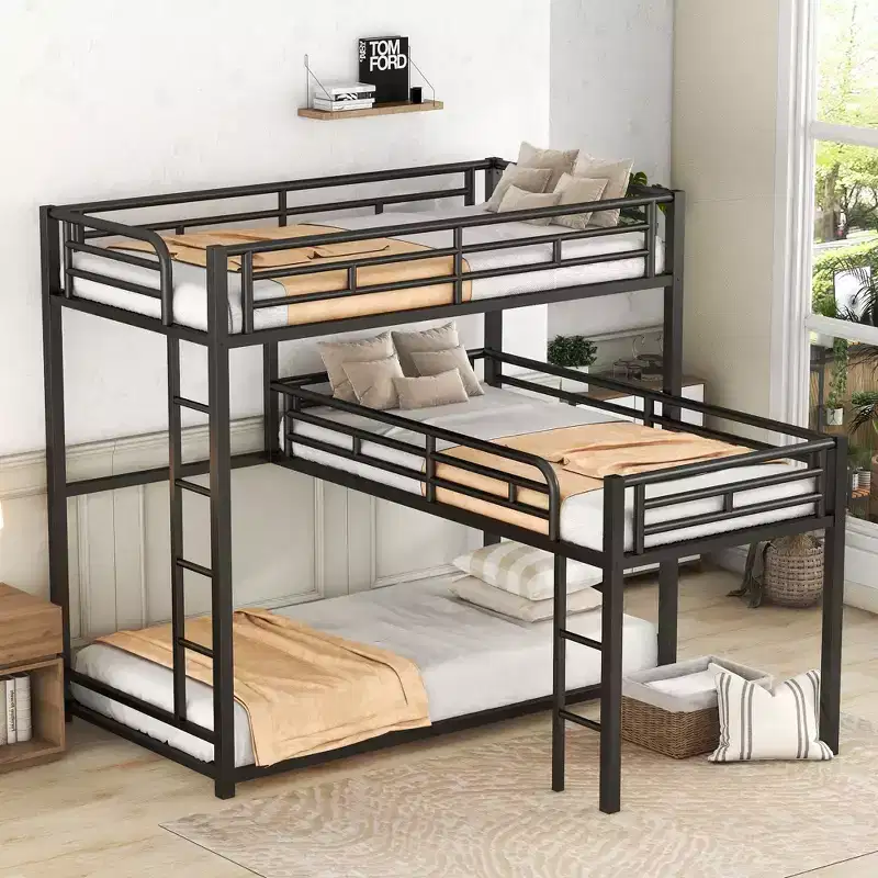 Metal Bunk Bed for 3, L-Shaped Twin Size Triple Bunk Bed Frame for Kids Teens Adults, Black