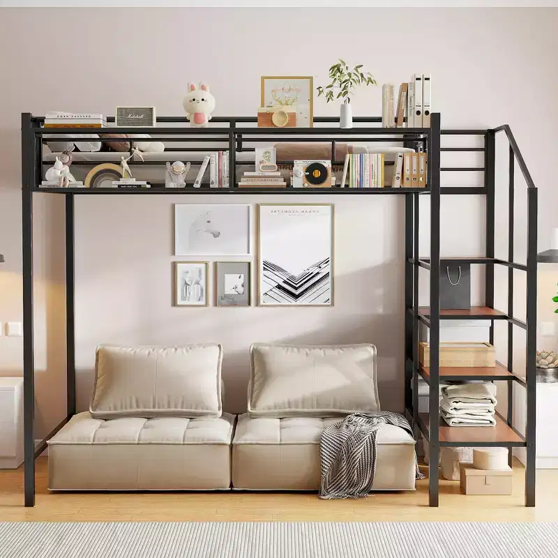 Twin Size Metal Loft Bed with Upper Grid Storage Shelf, Heavy Duty Metal Bed Frame with Storage Staircase for Bedroom Apartment