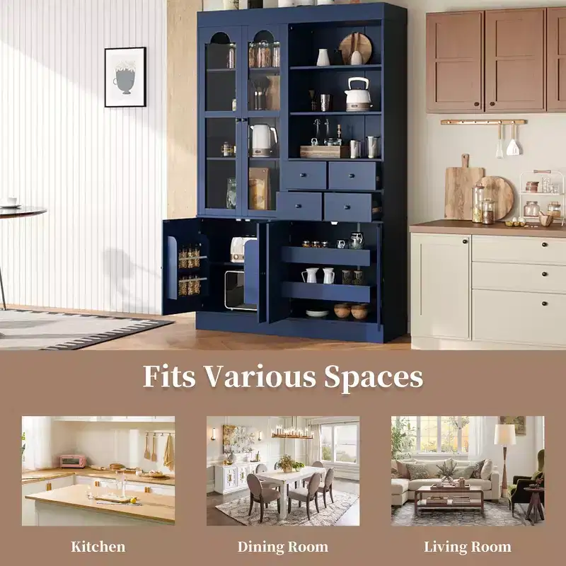 Freestanding Buffet with Hutch, Tall Kitchen Pantry Cabinet with 4 Drawers, Door Shelves and Pull-out Trays