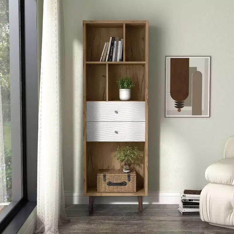 24/7 Shop At Home 70.35" Kimmo Mid-Century Modern Open Shelf 2 Drawer Bookcase Light Oak: Vertical Storage, MDF Wood Composite