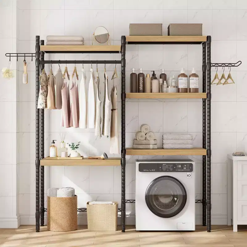 2-Tier Laundry Room Countertop - Waterproof Wood with 2.75'' Edge Rails & Anti-Slip Pads