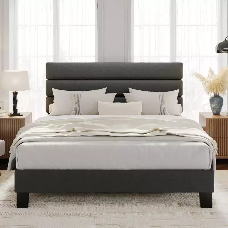 Heavy Duty Bed Frame with Adjustable Headboard, Fabric Upholstered and Wooden Slats Support, No Box Spring Needed