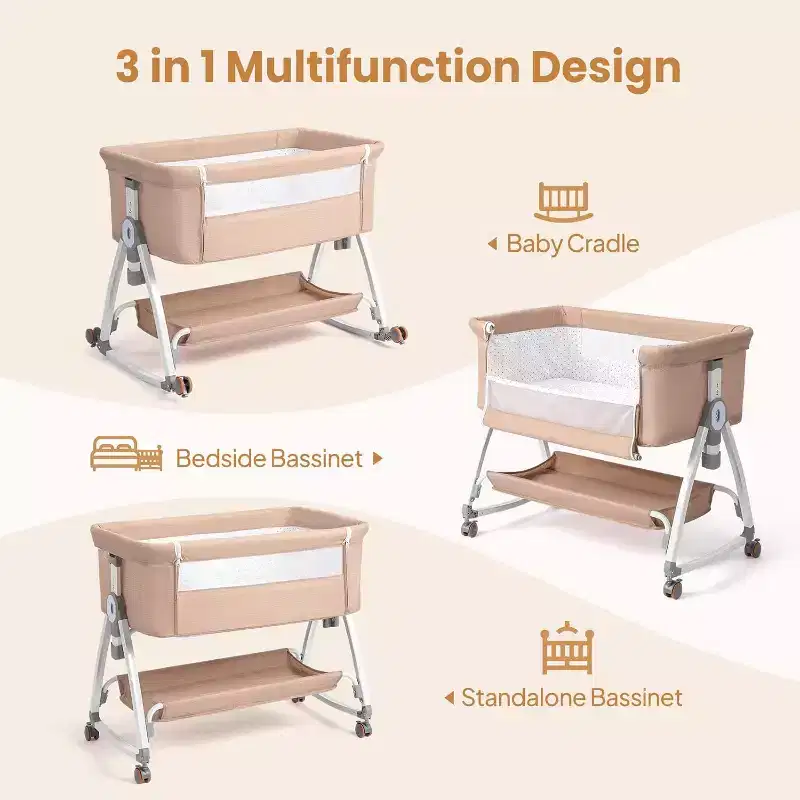 JOYMOR 3 in 1 Baby Bassinet, Bedside Bassinet for Baby, with Comfy Mattress and Wheels, 6 Height Adjustable Easy Folding (Beige)