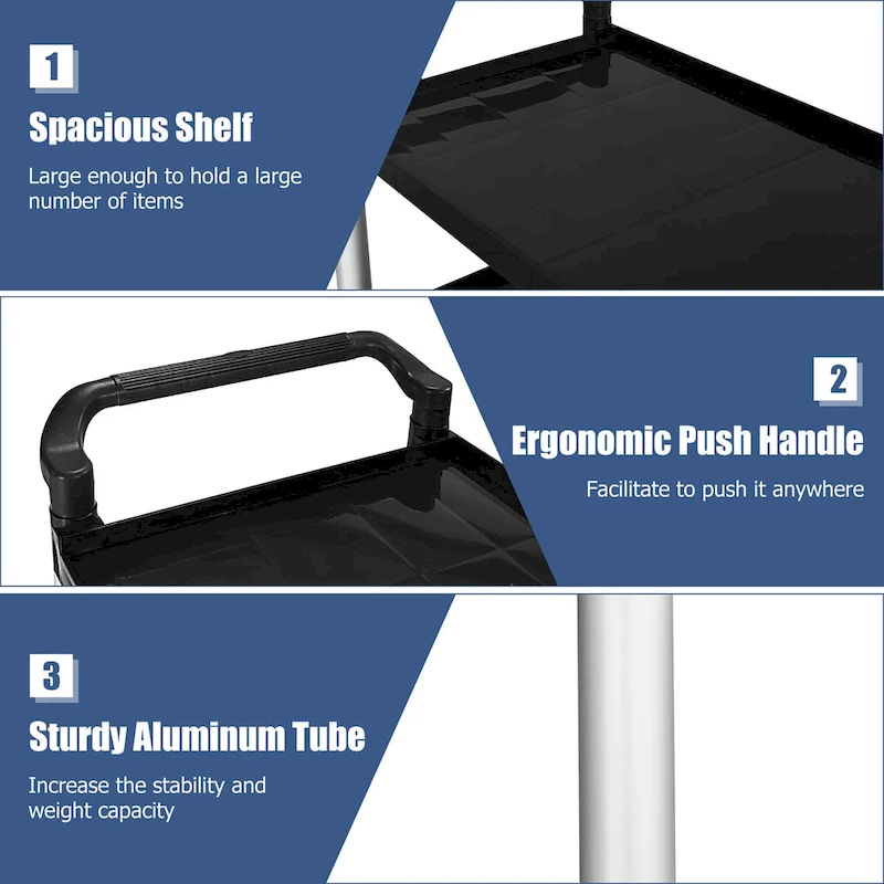 Costway 3-Shelf Utility Service Cart Aluminum Frame 490lbs Capacity w/
