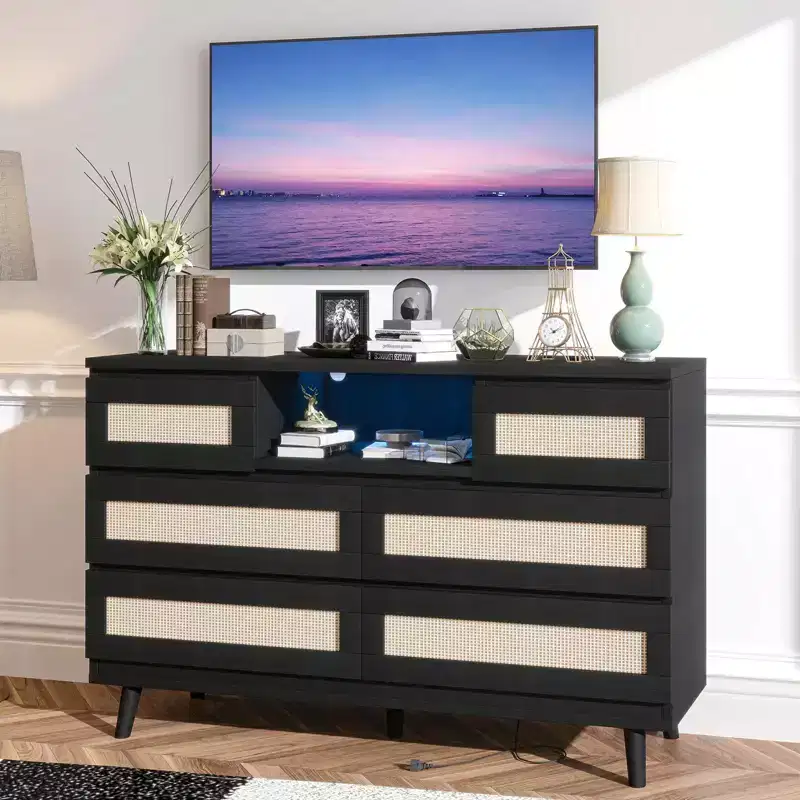 Rattan 6-Drawer Dresser with RGB Lighting and USB Charging Ports - Bedroom Storage Cabinet