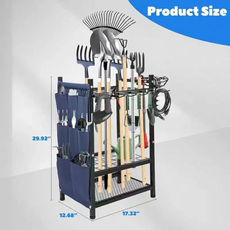 Freestanding Heavy Duty Garden Rack 3 - Tier Multifunctional Yard Storage with Hooks and Pockets for Outdoor Broom Shovel Rake