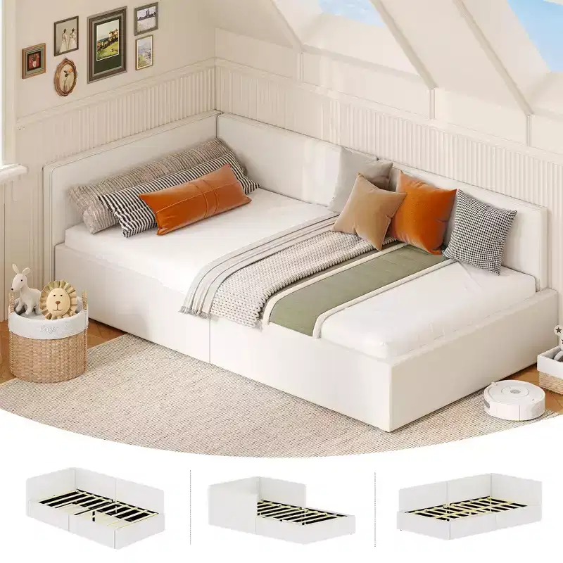 Twin Daybed with Guardrails, Velvet Upholstered Corner Bed Frame with Headboard for Kids Bedroom