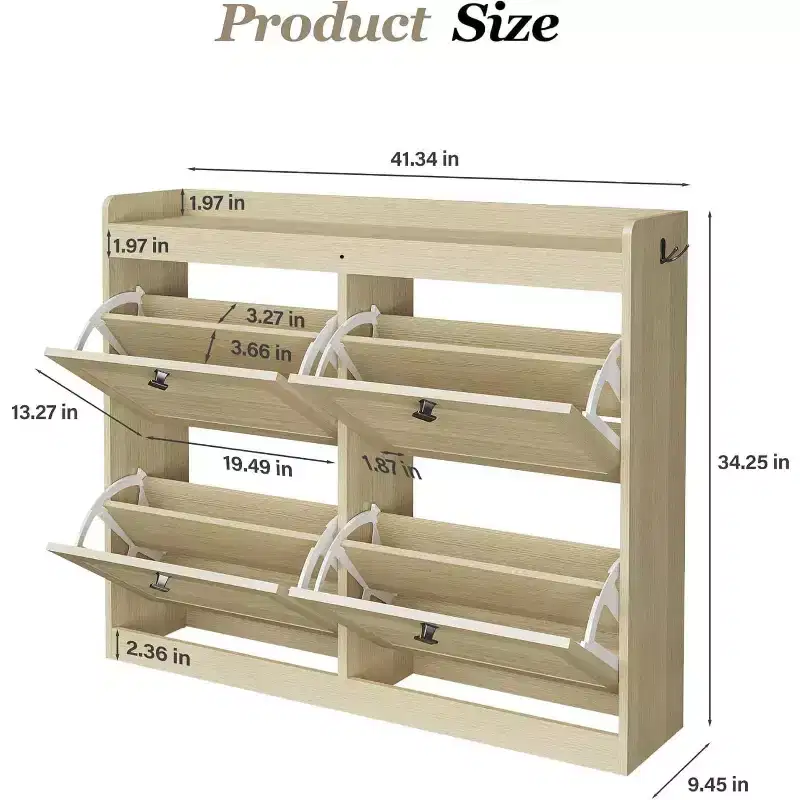 Large Rattan Shoe Storage Cabinet with 4 Flip Drawers, Freestanding Shoe Organizer with Wooden Legs, Narrow Shoe Rack Cabinet