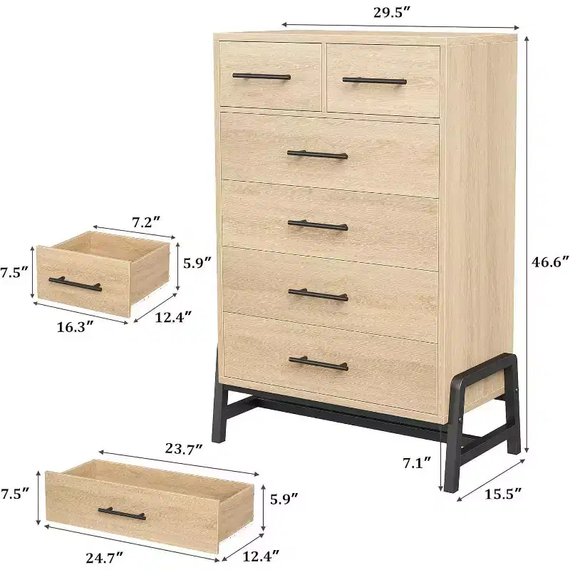 46.6 Tall 4+2 Drawer Dresser - Robot Vacuum Friendly Storage, Natural Oak Finish for Bedroom & Entryway