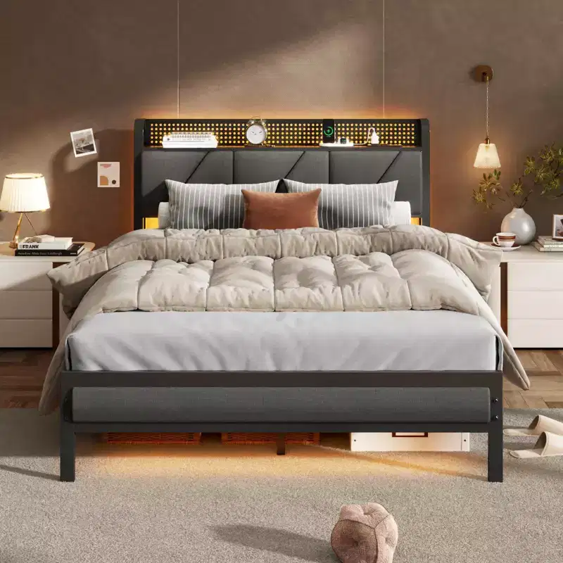 Full Size Platform Bed Frame Upholstered Headboard with LED Lights Charging Station Heavy Duty Metal Support No Box Spring Needed Gaming Bedroom