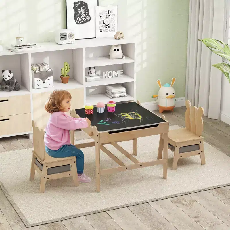 Costway Kids Table and Chairs Set 4 in 1 Children Activity Table with Chalkboard for Arts Gray+Natural/Orange+Natural