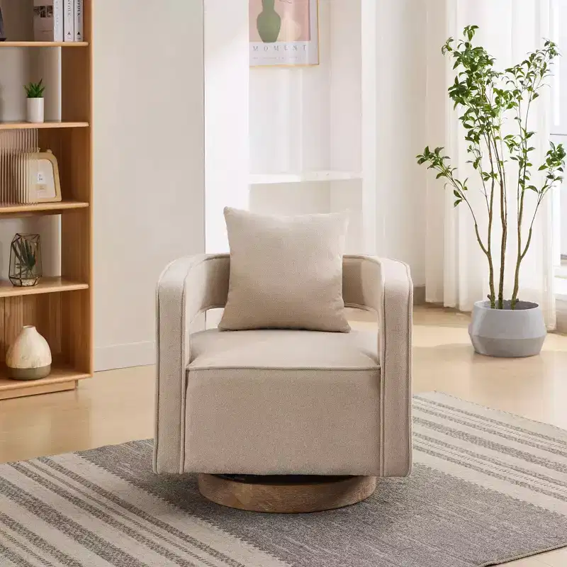 Okak 360 Swivel Accent Chair with Weathered Wood Base,Modern Open Back Armchair for Living Room,Bedroom