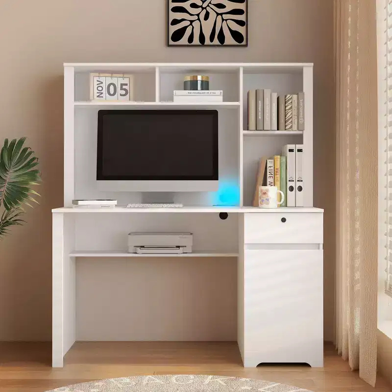51.18IN Modern Computer Desk with Hutch and Bookshelf, Office Desk with Ample Storage, Writing Desk for Study, Reading Room