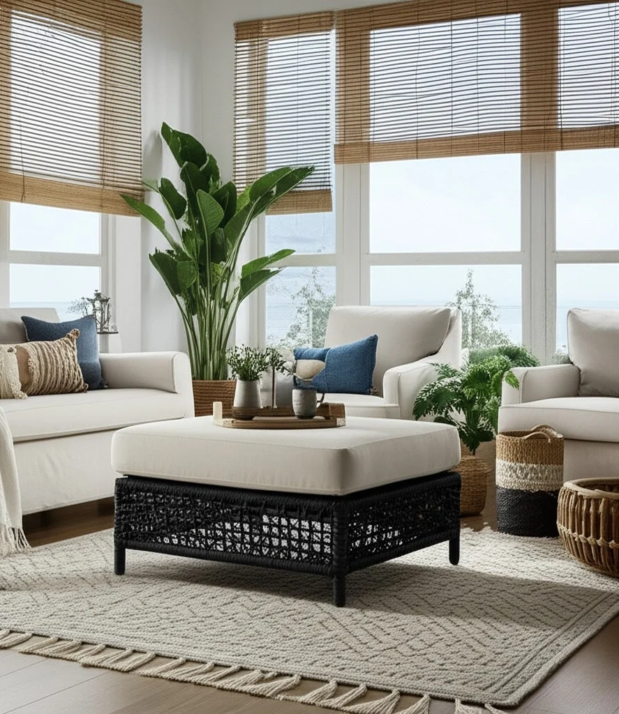 Square Outdoor Ottoman with Black Finish and Plush Cushion Seat