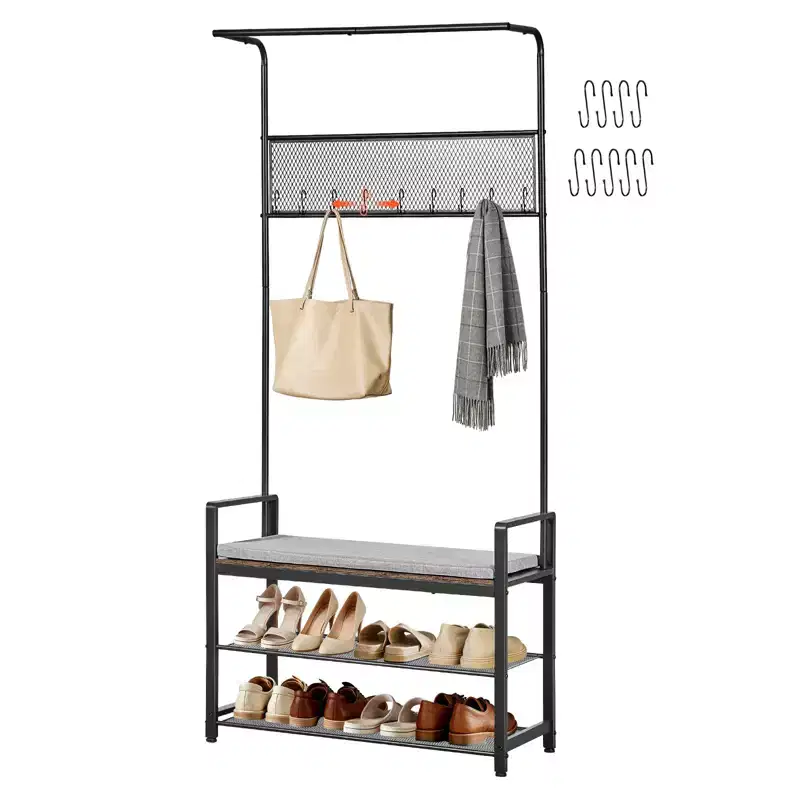 Hall Tree, 72 in Coat Rack with Shoe Bench, Freestanding 2-Tier Shoe Rack Storage Organizer with Hooks, Hanging Rod and Wire Shelf, Brown & Black