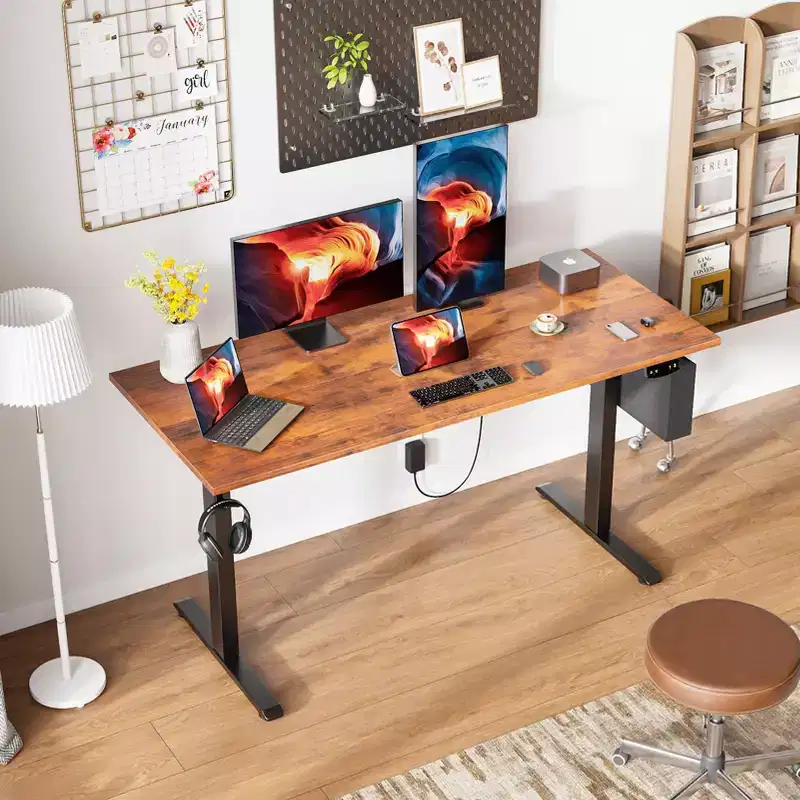 Brown 55 Inch Electric Standing Desk Height Adjustable Computer Table Sit Stand Gaming Desk Home Office Workstation with Memory Presets Storage Bag