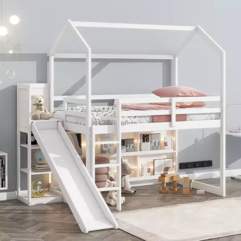 Twin Size Wood House Loft Bed with Slide, Low Loft Bed Frame with Storage Shelves and Light for Kids Teens