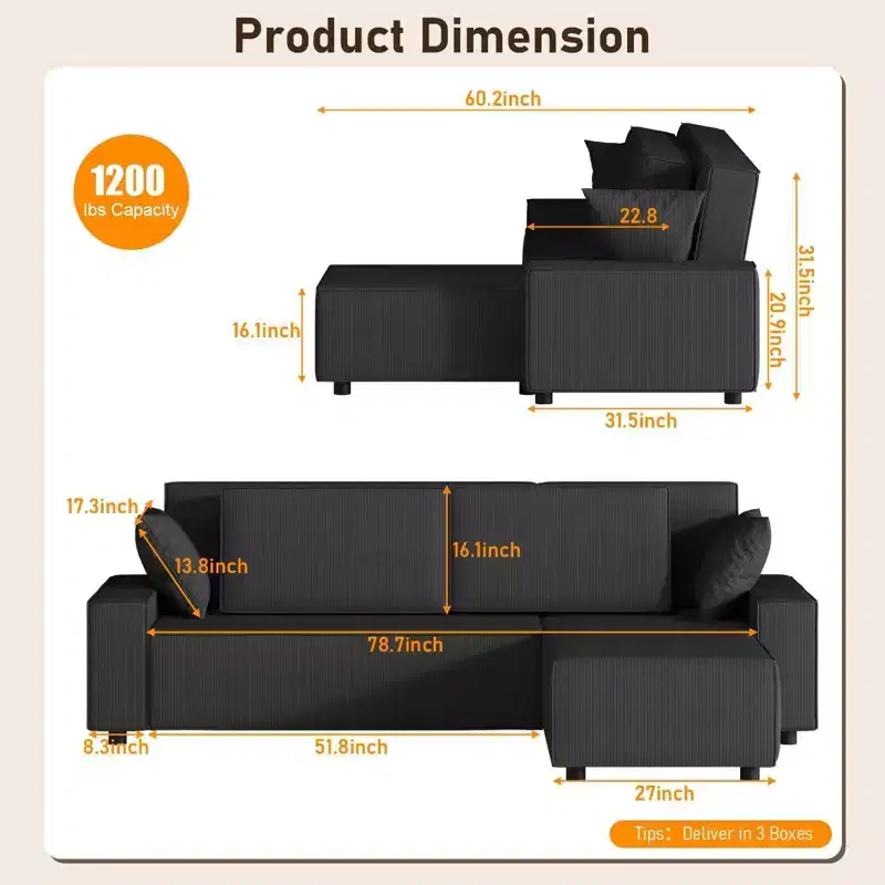 L Shaped 95 Modern Large Stripe Corduroy Sectional Sofa Couch with Side Chaise and Deep Chaise for Living Room, Apartment