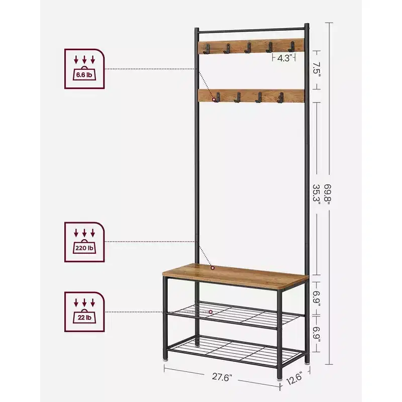 Hall Tree Entryway Coat Rack with Shoe Bench – Rustic Walnut & Black