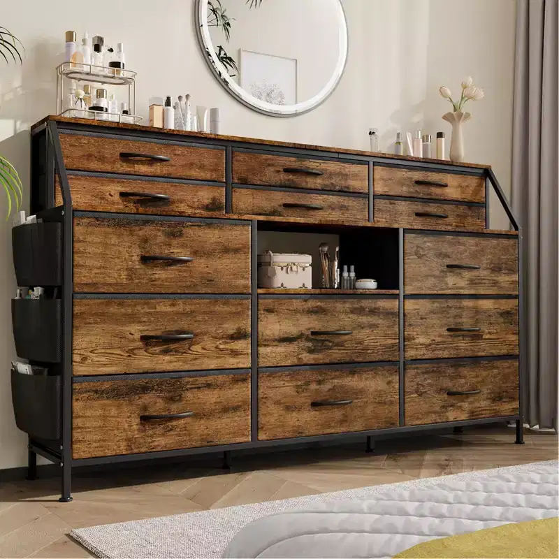 Farmhouse Dresser with 14 Fabric Drawers, Rustic Chest of Drawers w/Metal Frame and Wood Top for Bedroom, Living Room - Brown