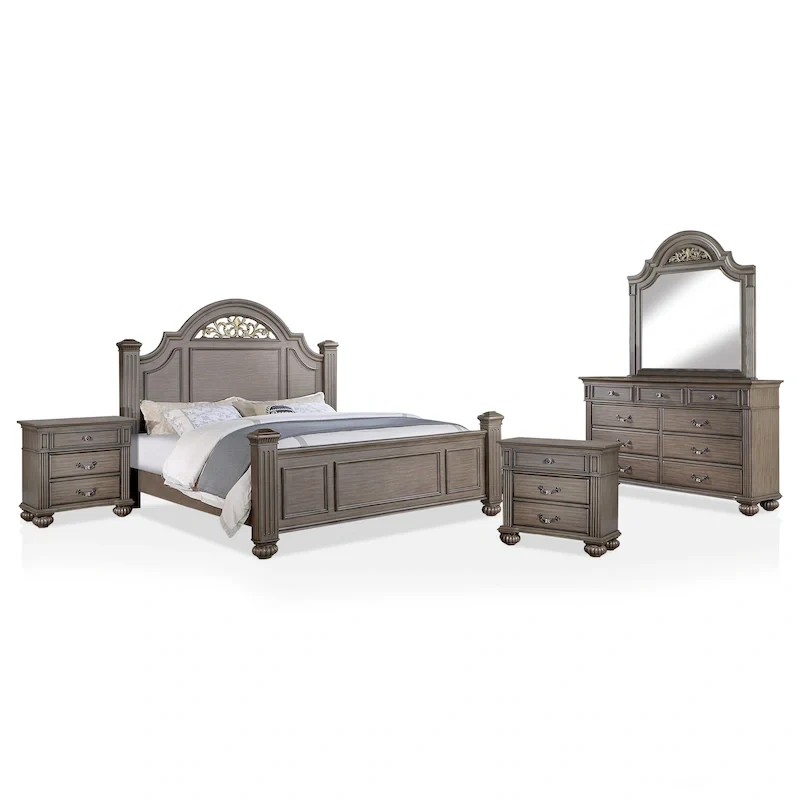5-Piece Traditional Poster Bedroom Set, Grey Wood Finish, Classic Style