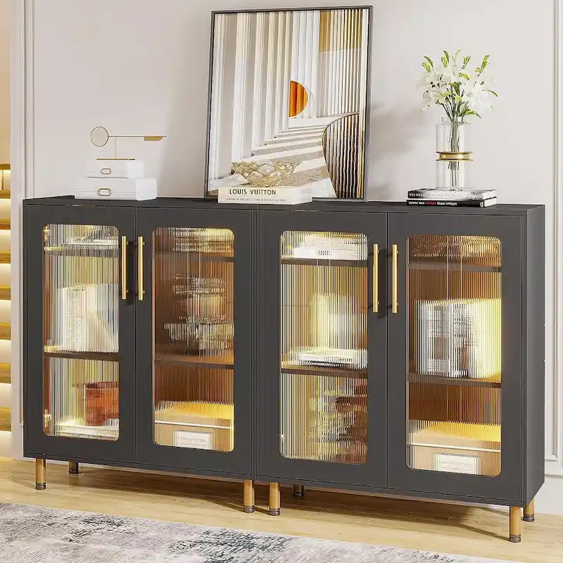 5-Tier Buffet Cabinet with Acrylic Doors & LED Lighting – White, MDF, Metal Legs, Remote Control