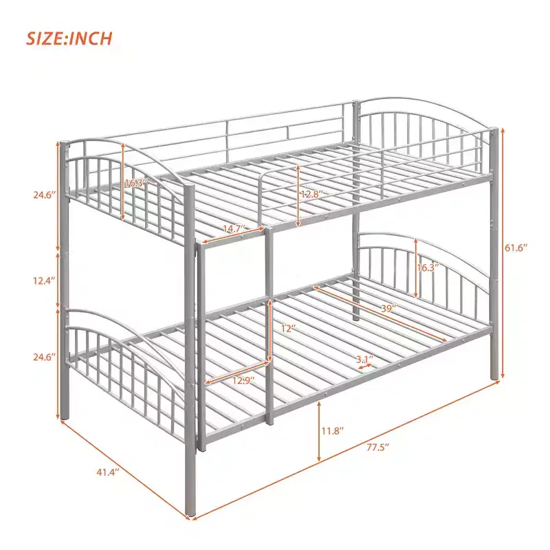 Bellemave Twin Over Twin Metal Bunk Bed with Ladder & Guardrail, Convertible to 2 Beds, Heavy Duty, Space-Saving Bed for Kids Teens, Silver