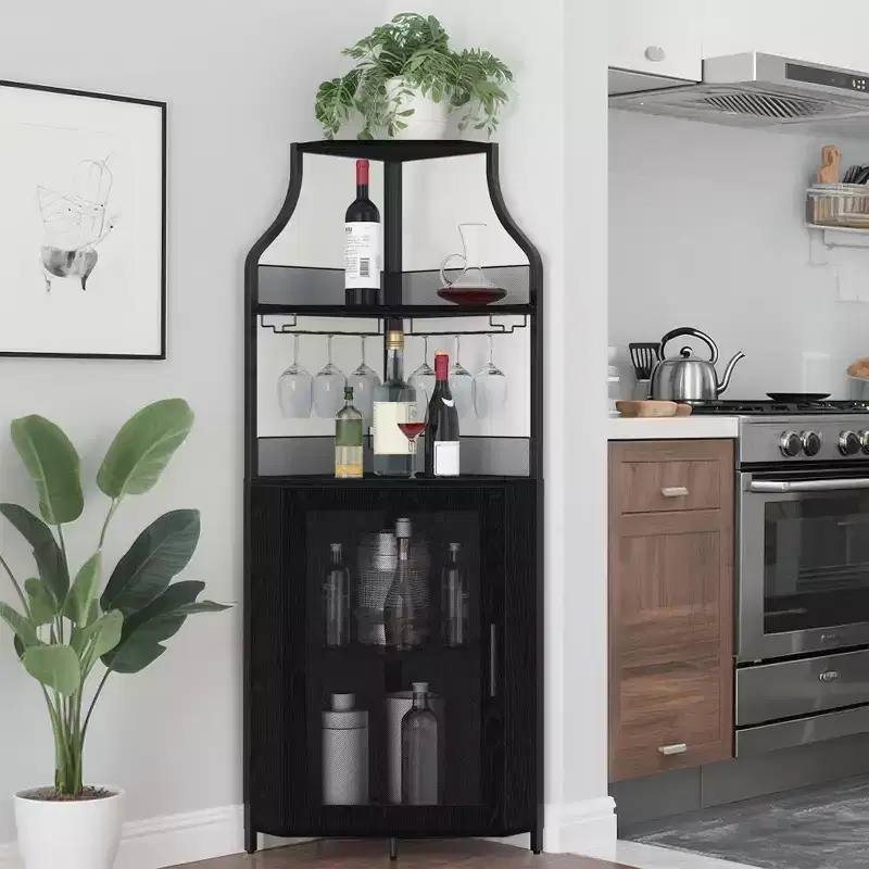 Corner Wine Cabinet, Metal Wine Holder Stand Holds 50+ Bottles & Glassware, Floor Wine Storage for Kitchen Dining Room Office Bar