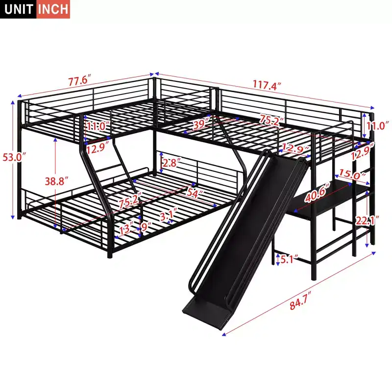 Metal Twin over Full Bunk Bed, L Shaped Bunk Bed for 3 Kids, Heavy-Duty Triple Bunk Bed with Desk and Slide, Black
