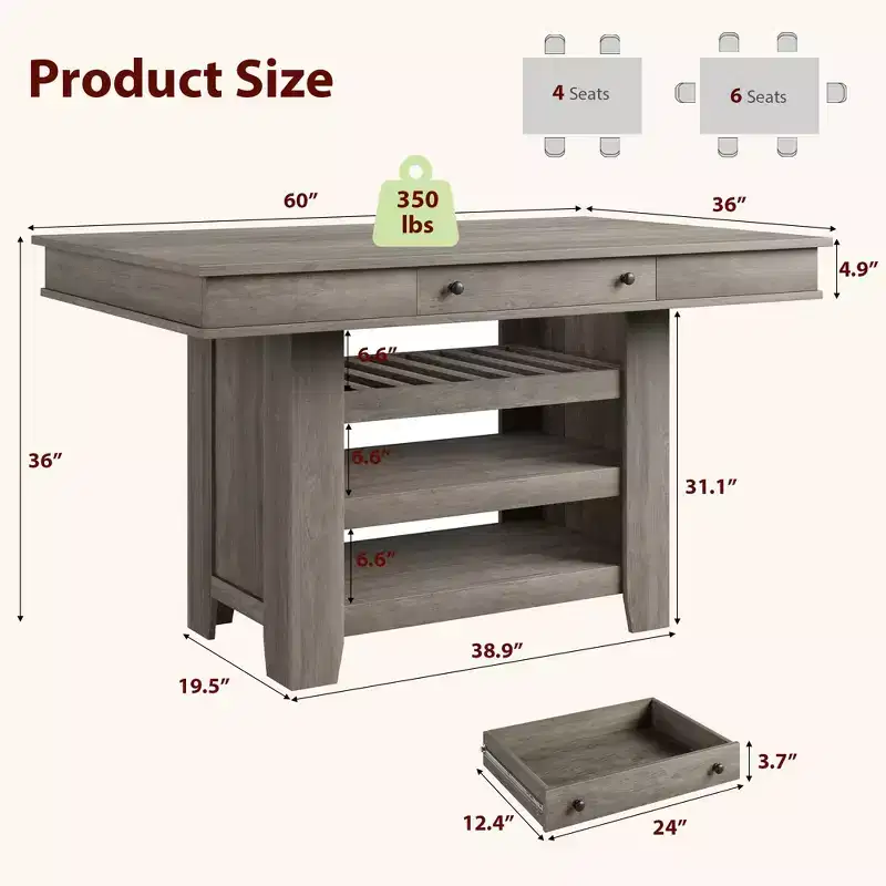 Counter Height Dining Table for 4-6, Bar Height Tall Dining Table with Deepened Wine Rack, with 2 Drawer & Shelves, Large Table Top for Kitchen, Bar