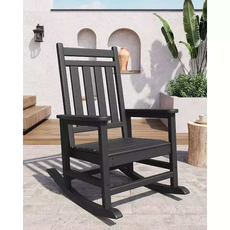 Acekool 1-Piece Outdoor Rocking Chair Set  HDPE Weather-Resistant Adirondack Rockers with Wood Texture, 380 lbs Capacity, Black