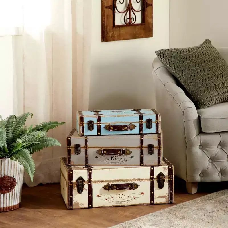 Set of 3 Farmhouse Distressed Wood Rectangular Trunks Natural - Olivia & May: Polyurethane Finish, No Assembly Required