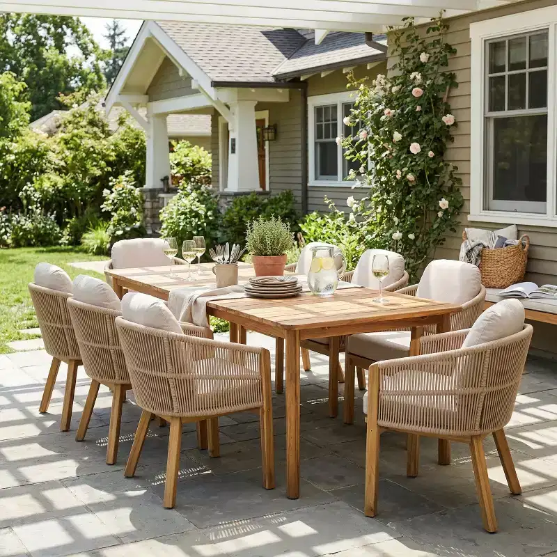 Christopher Knight Home Visola 9 Piece Boho Acacia Wood Rope Dining Seating Set with Slatted Table and Cushions