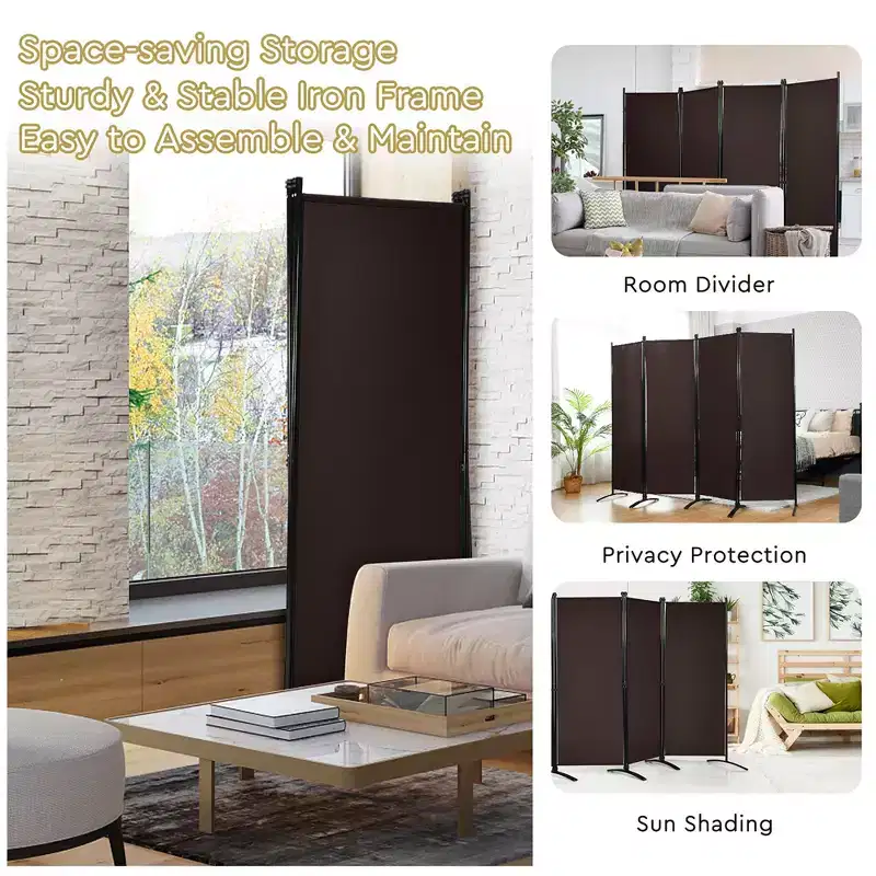 4-Panel 5.6ft Room Divider Folding Fabric Privacy Screen with Steel Frame White/Black/Brown