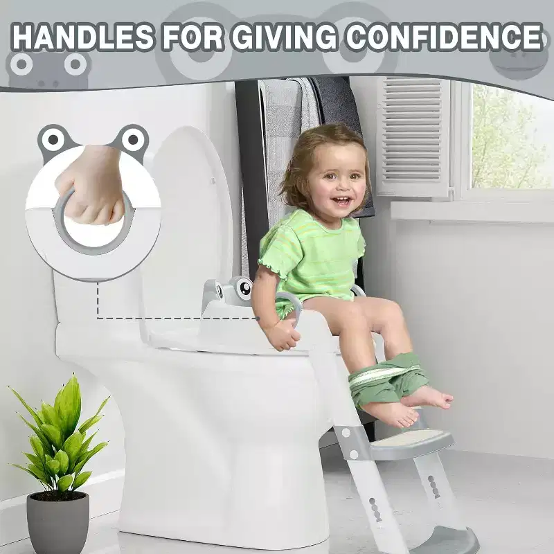 Potty Training Seat with Step Stool Ladder Toddler Kids Potty Seat with Handles Toilet Training Seat with Anti-Slip Safe Pads Adjustable Height Legs